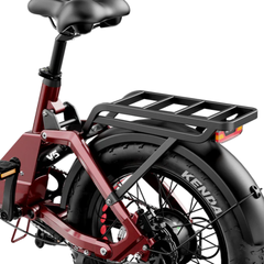 Close-up of the Heybike Ranger 3.0 Pro folded frame, saddle, and rear cargo rack.