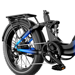 Close-up of the Horizon folding frame, crankset, rear wheel, and cargo rack.