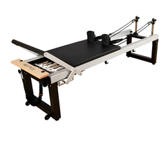 Align-Pilates A8-Pro Reformer 64cm Legs angled view showing carriage, shoulder rests, footbar, springs, and rope system