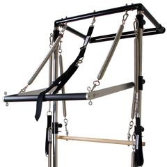 Align-Pilates Half Cadillac Frame (for A, M, C Series) close-up showing frame attachments, straps, springs, and wooden bar