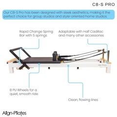 Align-Pilates C8-S Reformer feature diagram showing labeled reformer components