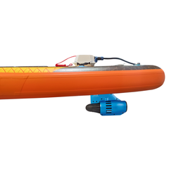 Aqua Marina AMgo Turbo 366 with BlueDrive S Power Fin Set side view showing BlueDrive S power fin under the board
