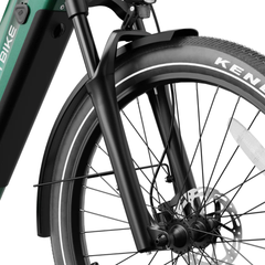 Close-up of the Heybike Hybrid front suspension fork, fender, and wheel.