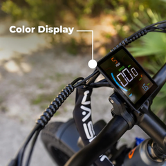 Close-up of the Jasion Thunder's color display mounted on the handlebar, with text overlay reading Color Display