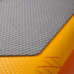 Aqua Marina AMgo Turbo 330 with BlueDrive S Power Fin Set close-up showing textured deck pad