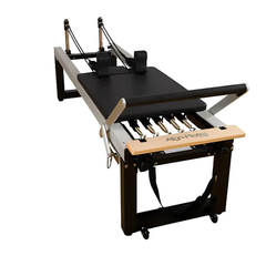 Align-Pilates A8-Pro Reformer 64cm Legs front angled view showing footbar, carriage, shoulder rests, and frame details
