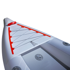 Aqua Marina Halve 13'1" Packayak close-up showing deck bungee storage, air valves, and textured surface