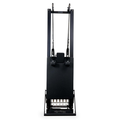 Align-Pilates C8-Pro Noir Reformer Black overhead view showing carriage, shoulder rests, ropes, and spring area