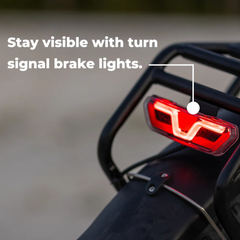 Close-up of the Jasion Thunder's rear turn signal brake light, with text overlay reading Stay visible with turn signal brake lights