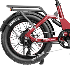 Close-up of the Heybike Ranger 3.0 Pro rear wheel, black rear rack, and fender with Kenda tire branding.