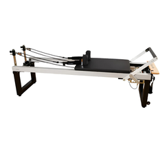 Align-Pilates A8-Pro Reformer 64cm Legs side view showing full reformer length, raised frame, and rope system