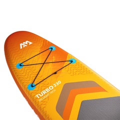 Aqua Marina AMgo Turbo 330 with BlueDrive S Power Fin Set close-up showing front bungee storage area