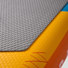 Aqua Marina AMgo Turbo 366 with BlueDrive S Power Fin Set close-up showing textured deck pad