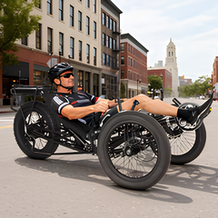 Rider using the Eunorau T1 Recumbent Trike on a city street