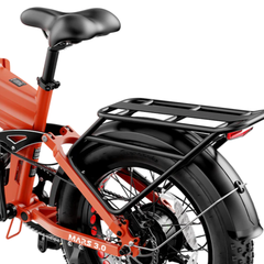 Close-up of the Mars 3.0 saddle, rear rack, fender, and rear wheel.