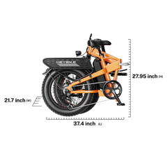 Folded orange Heybike Mars 2.0 electric bike with labeled dimensions.