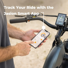 Hand using the Jasion Smart App on a phone paired with the Jasion Thunder, with text overlay reading Track Your Ride with the Jasion Smart App