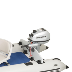 Sea Eagle 437ps Paddleski – Start Up Package close-up with outboard motor mounted at the stern