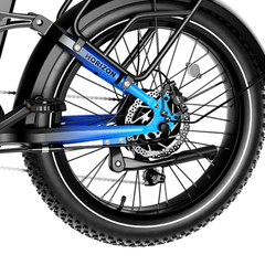 Close-up of the Horizon rear hub motor, disc brake, and suspension.