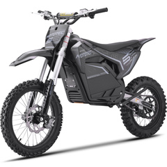 MotoTec 72V Pro 5000W Electric Dirt Bike opposite front three-quarter view in Grey