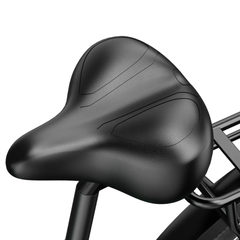 Close-up of the Heybike Hybrid comfort saddle.