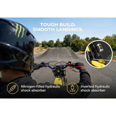 Rider’s view of the Villain suspension with hydraulic shock absorber features displayed.