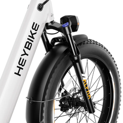 Close-up of the Alpha front wheel, suspension fork, and disc brake.
