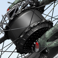 Himiway D5 2.0 Camo close-up showing rear motor, cassette, and wheel detail