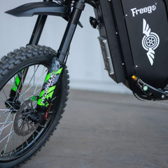 FreeGo X3 Pro All-Terrain Electric Dirt Bike front fork and tire detail