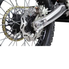 MotoTec Venom 72V 12000W Electric Dirt Bike rear wheel and disc brake close-up