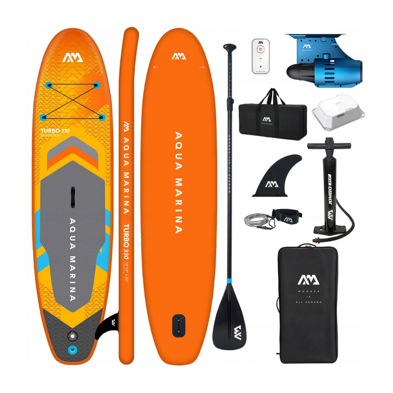 Aqua Marina AMgo Turbo 330 with BlueDrive S Power Fin Set paddle board with paddle, pump, carry bag, power fin, and accessories