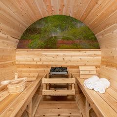 Dundalk LeisureCraft Serenity MP – 4-Person Outdoor Barrel Sauna | Panoramic Glass | Canadian Timber