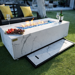 Elementi Plus Carrara 60" Marble Porcelain Fire Pit Table | 60K BTU | Bianco White | Gas or Propane