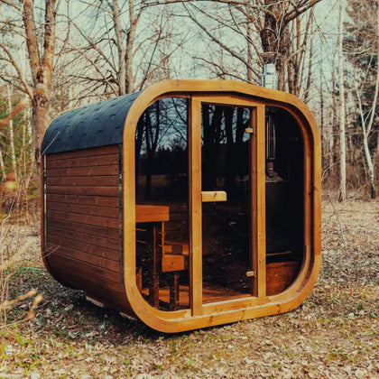 Mande Spa USA MW20 outdoor cube sauna, full exterior view showing ThermoWood siding and tempered glass door