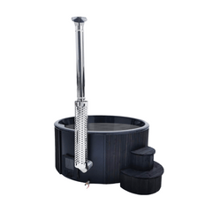 Black hot tub with a metal water pump on a white background