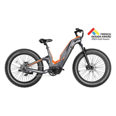Tangerine Heybike Hero step-through electric bike shown from the side.