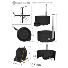 Soundlife Model S4 Wood-Fired Hot Tub with dimensions and specifications on a white background