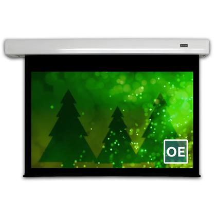 Severtson Outdoor Electric Series 16:9 112" Matte White electric projection screen with white case and black screen border displaying an outdoor scene