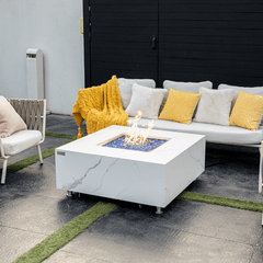 Elementi Plus Bianco 39" Square Marble Porcelain Fire Pit Table | 60K BTU | Bianco White