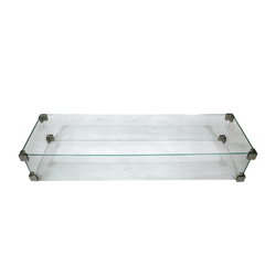 Glass shelf with metal brackets on a white background