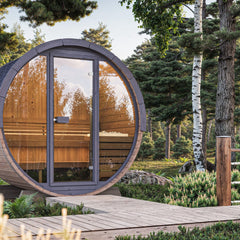SaunaLife EE6G 4-Person Barrel Sauna 7ft3 Diameter Glass Front