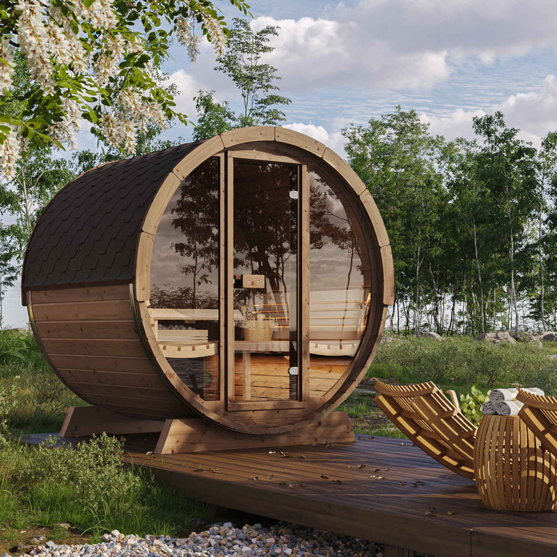 SaunaLife E7G 4-Person Barrel Sauna 6ft5 Height Glass Front