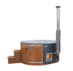 Wood-fired hot tub with wooden exterior and metal chimney on a white background